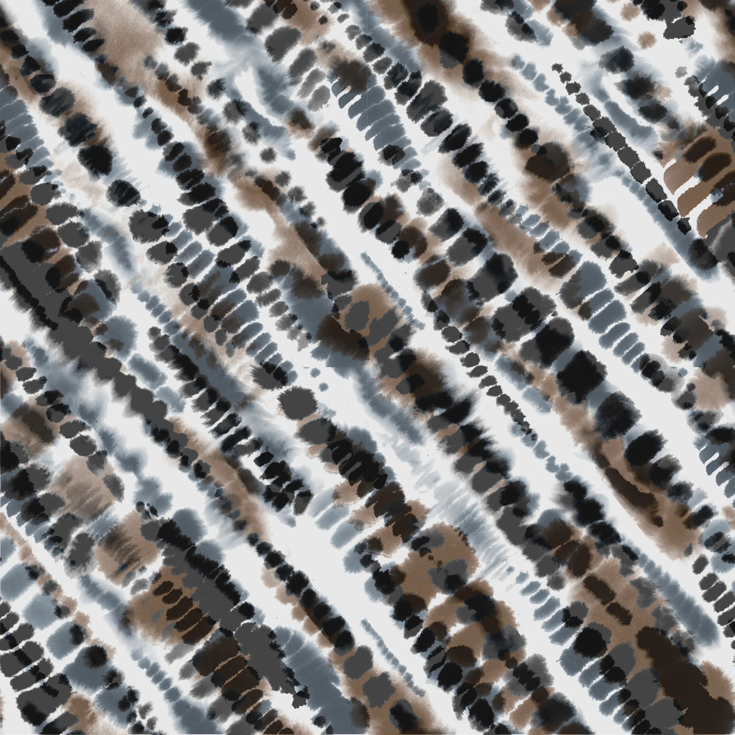 Close-up of fabric with a pattern resembling animal print in shades of brown, black, white, and gray.