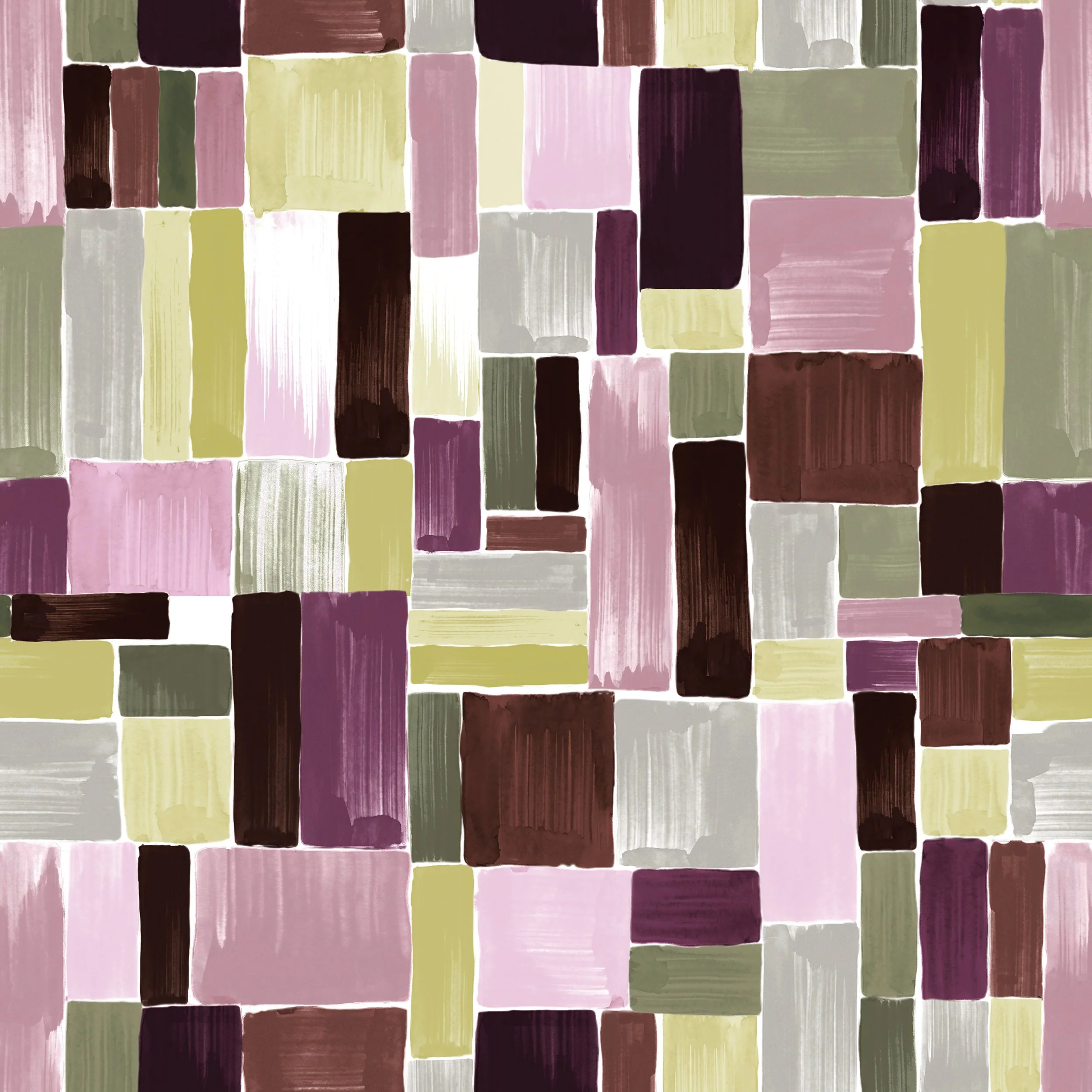 Abstract pattern of rectangular brush strokes in shades of pink, purple, green, brown, and gray.