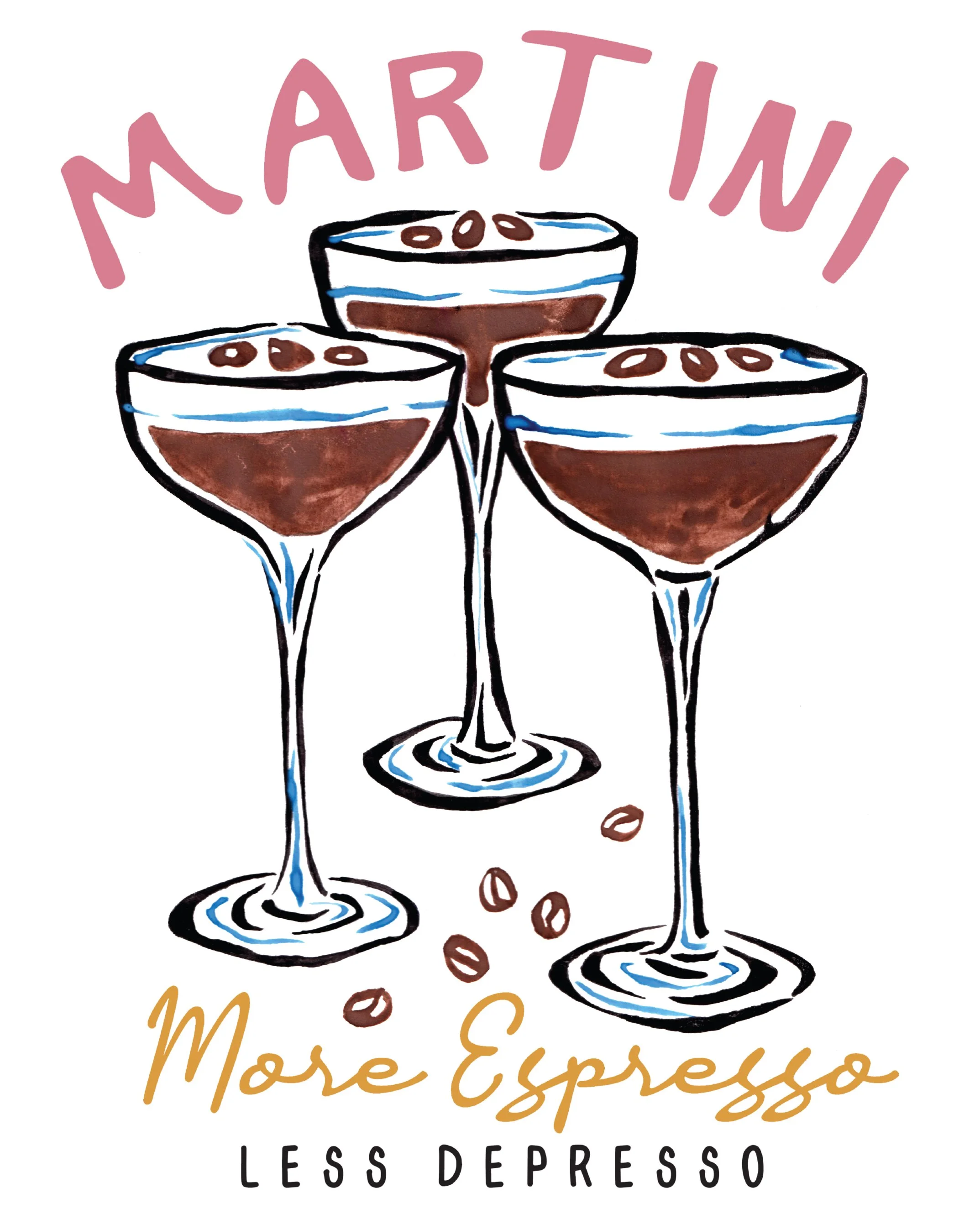 A stylish logo for Moro Espresso featuring three outlined espresso glasses with brown coffee inside, surrounded by coffee beans and the text 'Martini' above, 'More Espresso' in cursive orange below, and 'LESS DEPRESS' in black capital letters.