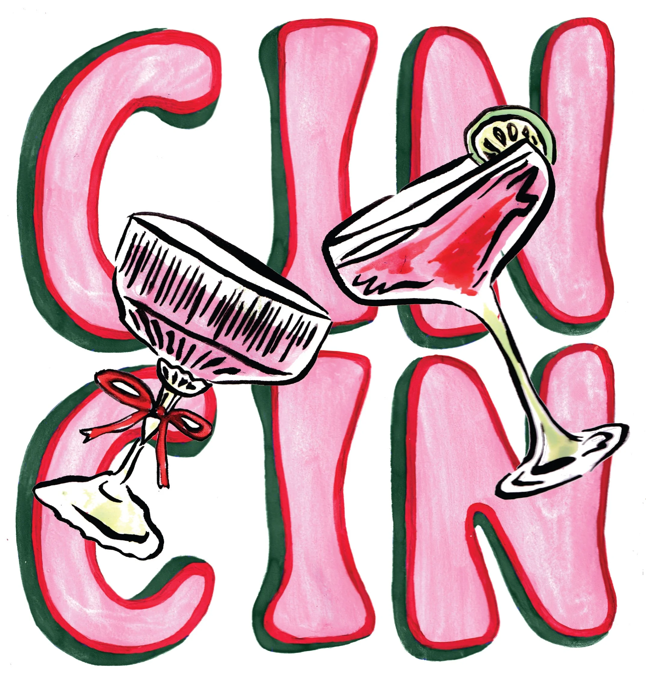 A colorful illustration of the word 'Chill' in bold pink letters with green and red outlines, accompanied by drawings of a drink with a lime slice and a straw, and a bottle tied with a red ribbon, set against a plain background.