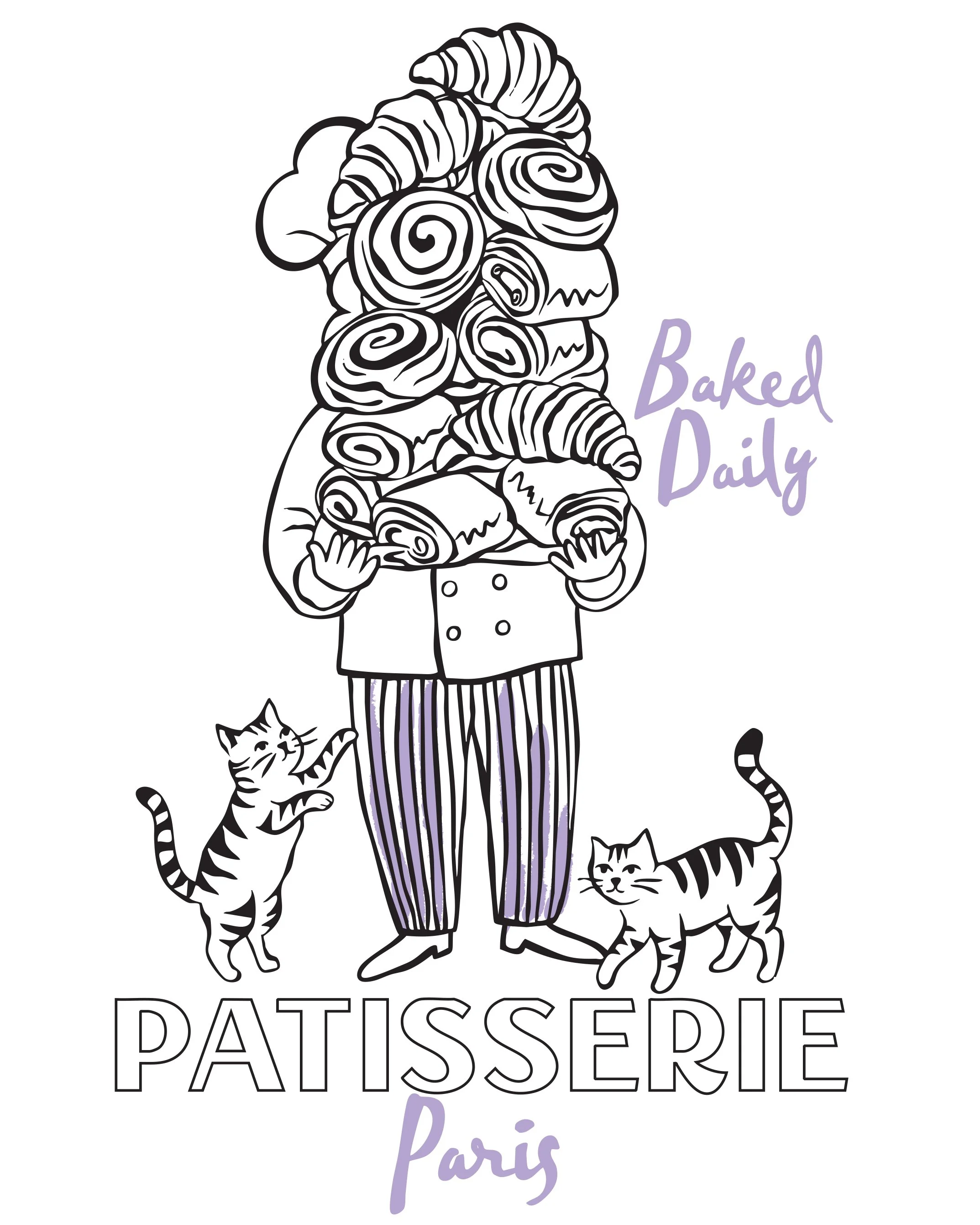 Black and white illustration of a person with a head made of roses, wearing a chef's coat and striped pants, accompanied by two cats, with the words 'Baked Paris Patisserie' in purple beside the person.