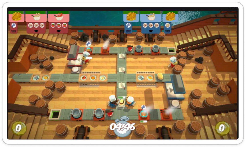 A fully digital multiplayer game with the same core makeup as Iron Diner: teams, timed rounds, and recipes to complete. Used as a reference for how ensemble gameplay communicates shared goals and time pressure on screen.