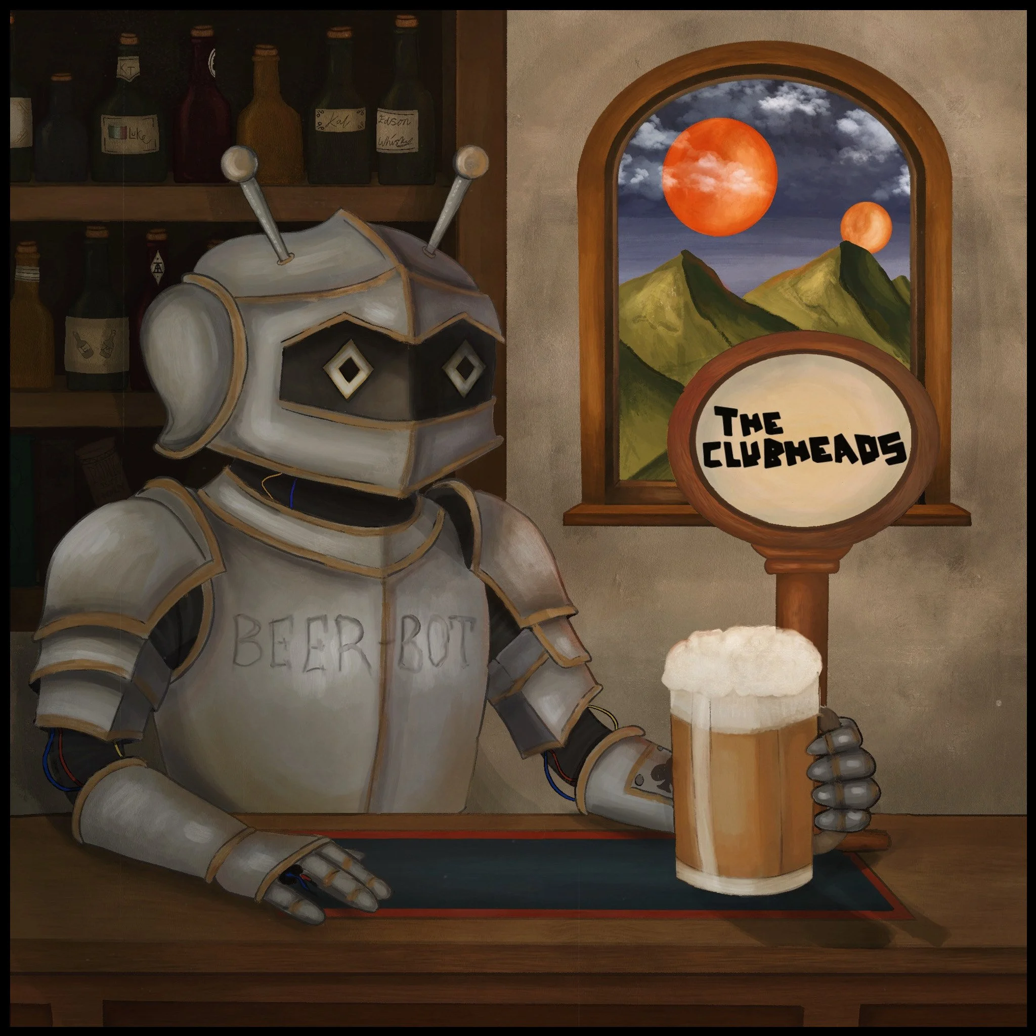 A robot bartender wearing a shirt labeled 'BEER BOT' holding a frothy beer mug in front of a bar with bottles on shelves. The window shows mountains and two planets in the sky. A sign reads 'The Clubheads'.
