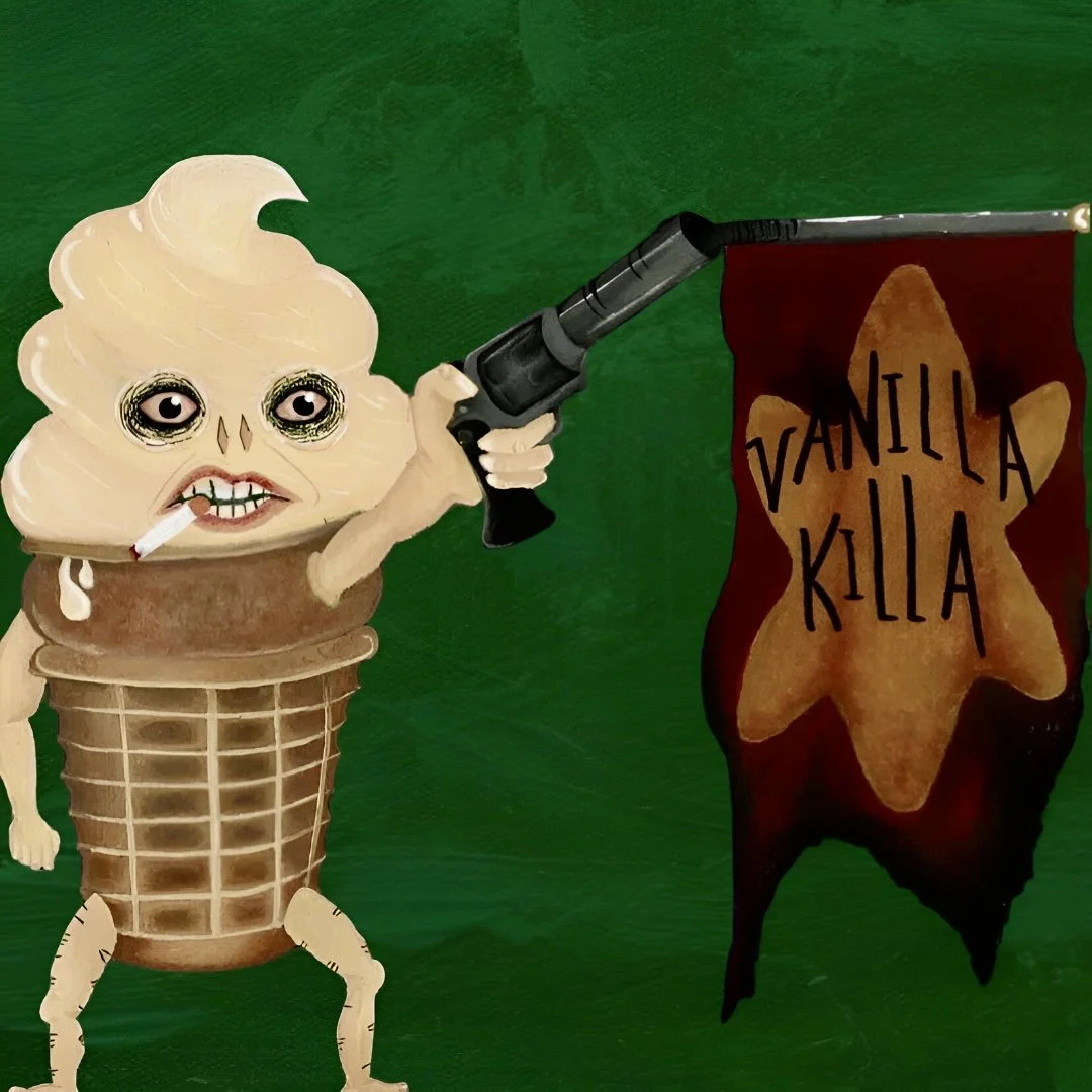 A cartoon character with a vanilla ice cream head, human eyes, and mouth, wearing an ice cream cone body, holding a gun pointed at a flag with a vanilla cookie and the words 'Vanilla Killa' written on it, against a green background.