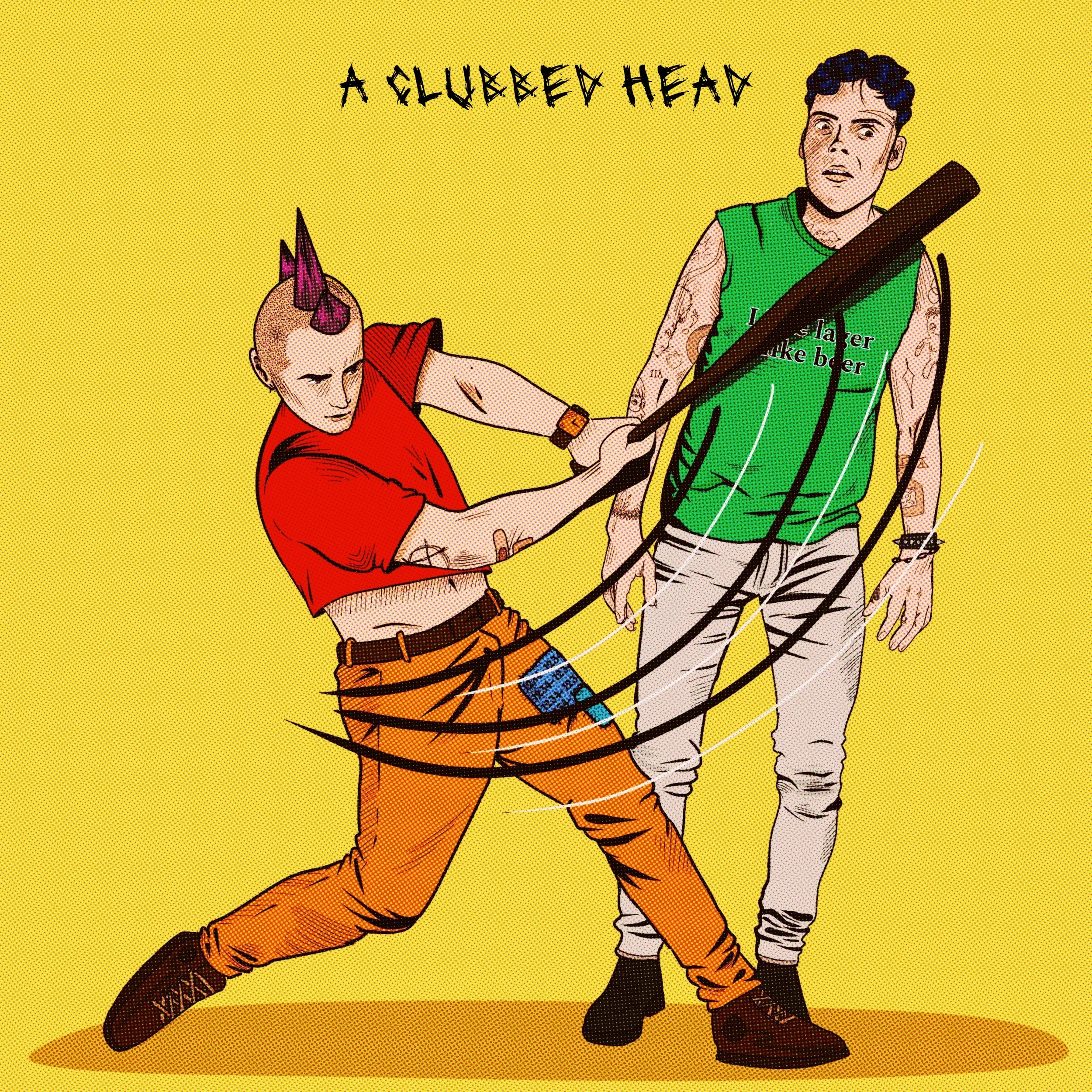 Comic-style illustration of two young men in a fight. The person on the left has a mohawk hairstyle with purple tips, wears a red shirt and orange pants, and is pulling a cord. The person on the right has dark curly hair, tattoos on arms, wears a green tank top and light-colored pants, and is holding a bat. The background is yellow, and there is text at the top that reads 'A CLUBBED HEAD'.