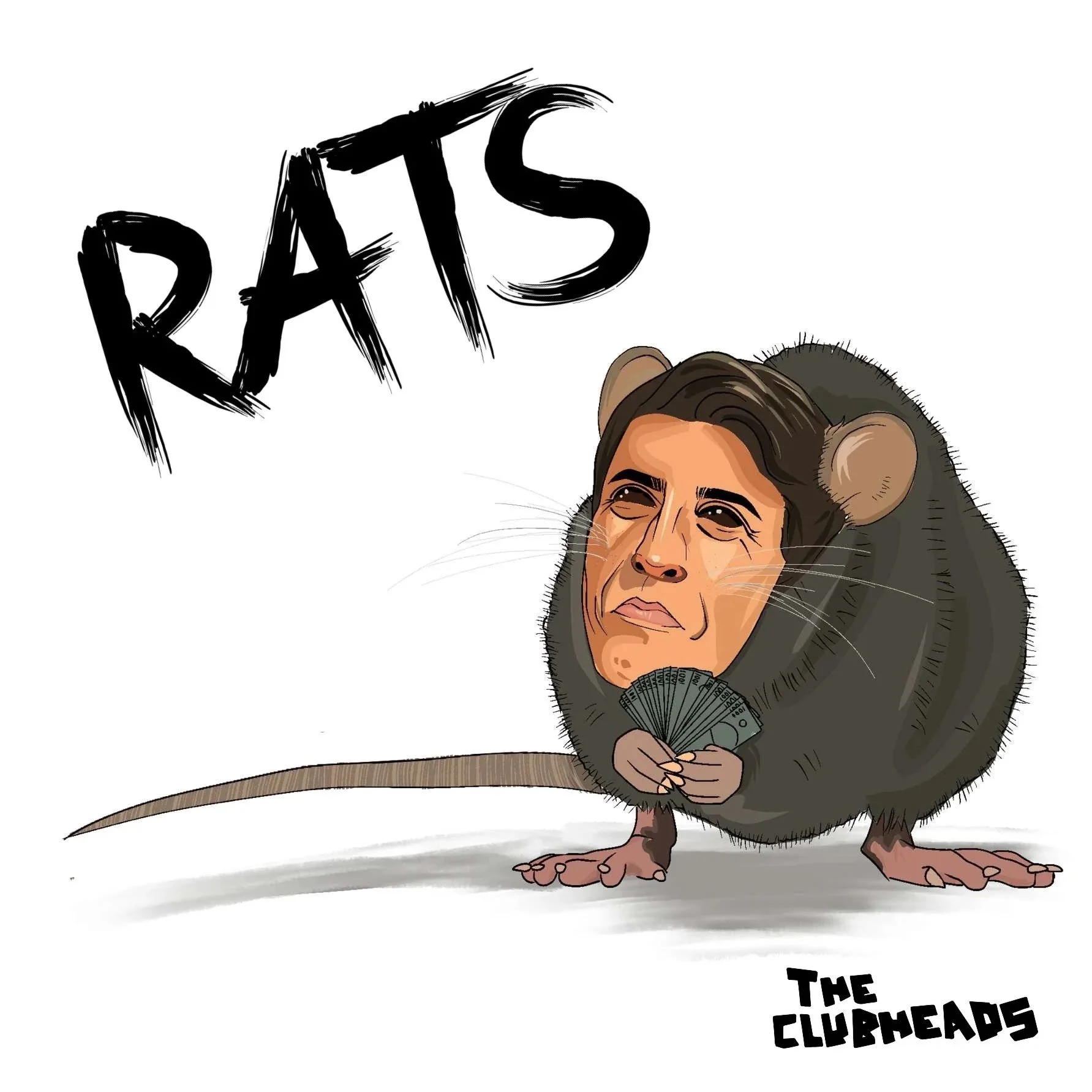A cartoon rat with a human face holding money, with the word 'RATS' overhead and 'The Cubheads' beneath.