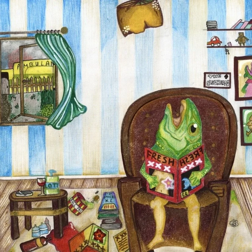 A cartoon drawing of a frog sitting in an armchair in a room, reading a magazine labeled 'FRESH.' The room has a window with green curtains, a side table with a glass of wine, and strewn clutter on the floor including food items, books, and magazines.