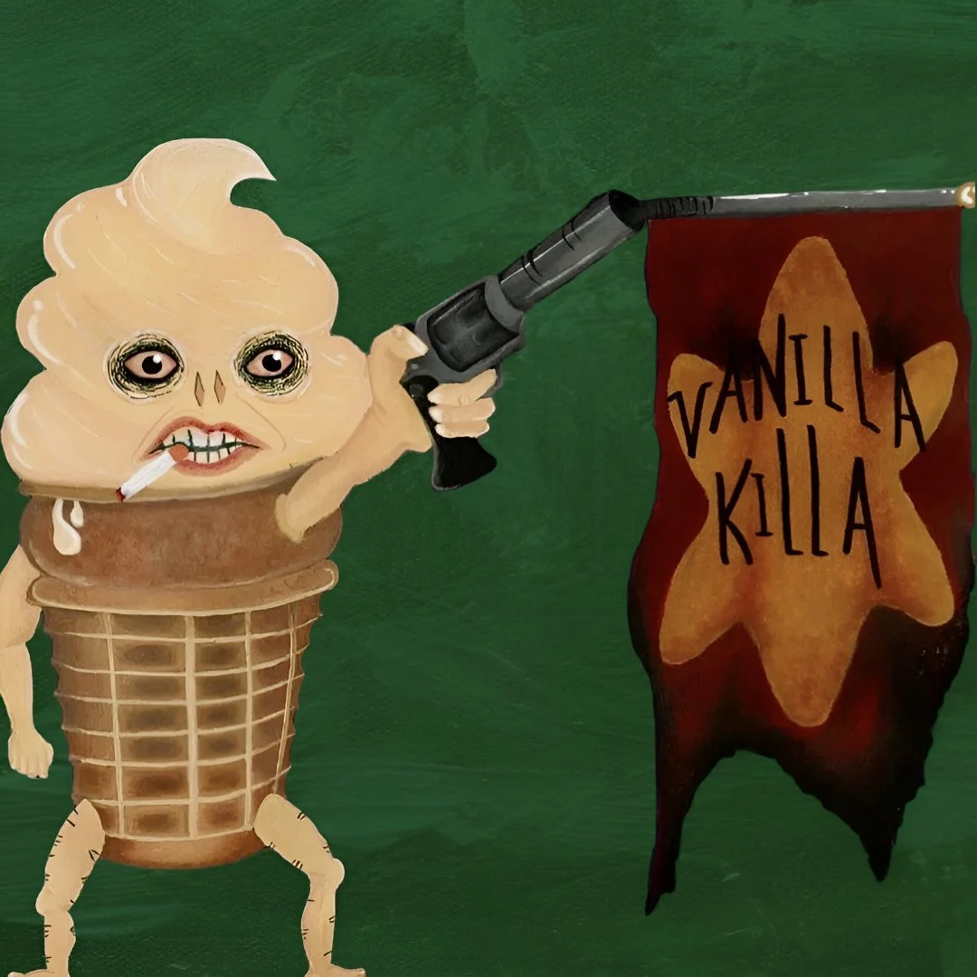 A whimsical illustration features an ice cream cone with a scoop resembling a face, holding a smoking gun, and a cigarette in its mouth. It has exaggerated eyes and mouth, and appears to be pointing the gun at a red banner with a star shape and the words "Vanilla Killa" written on it.