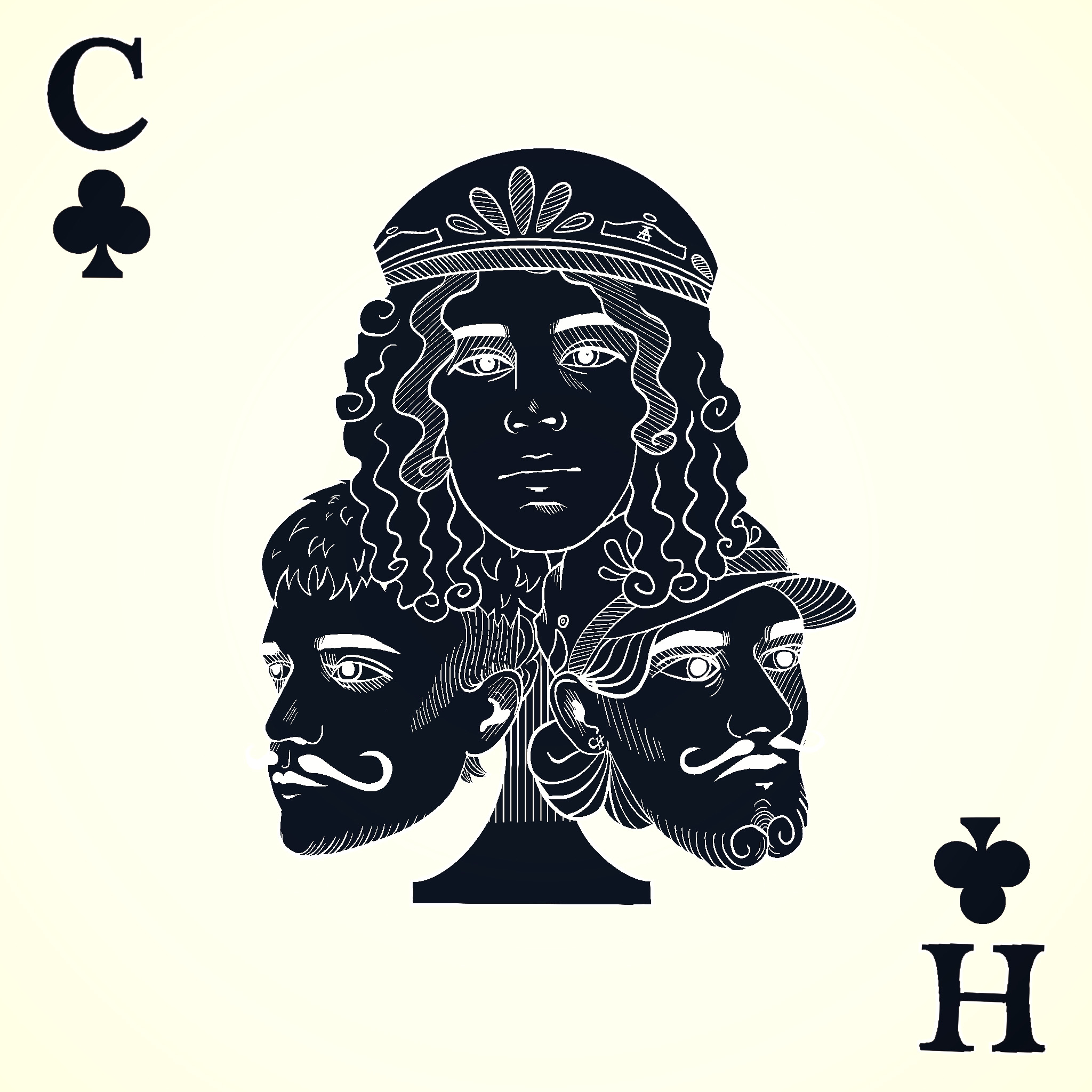 Stylized illustration of a playing card showing a face card with three male figures, one in the center with long curly hair and a hat, and two on the sides with mustaches and short hair, in black and white with intricate line details. Punk music.