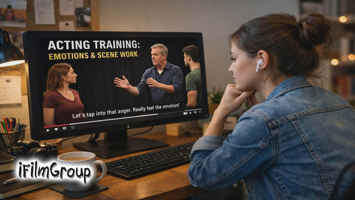 iFilmGroup actor at home computer using the online Training Module Program by iFilmGroup