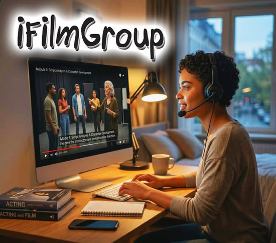 iFilmGroup actor at home computer using the online Training Module Program by iFilmGroup