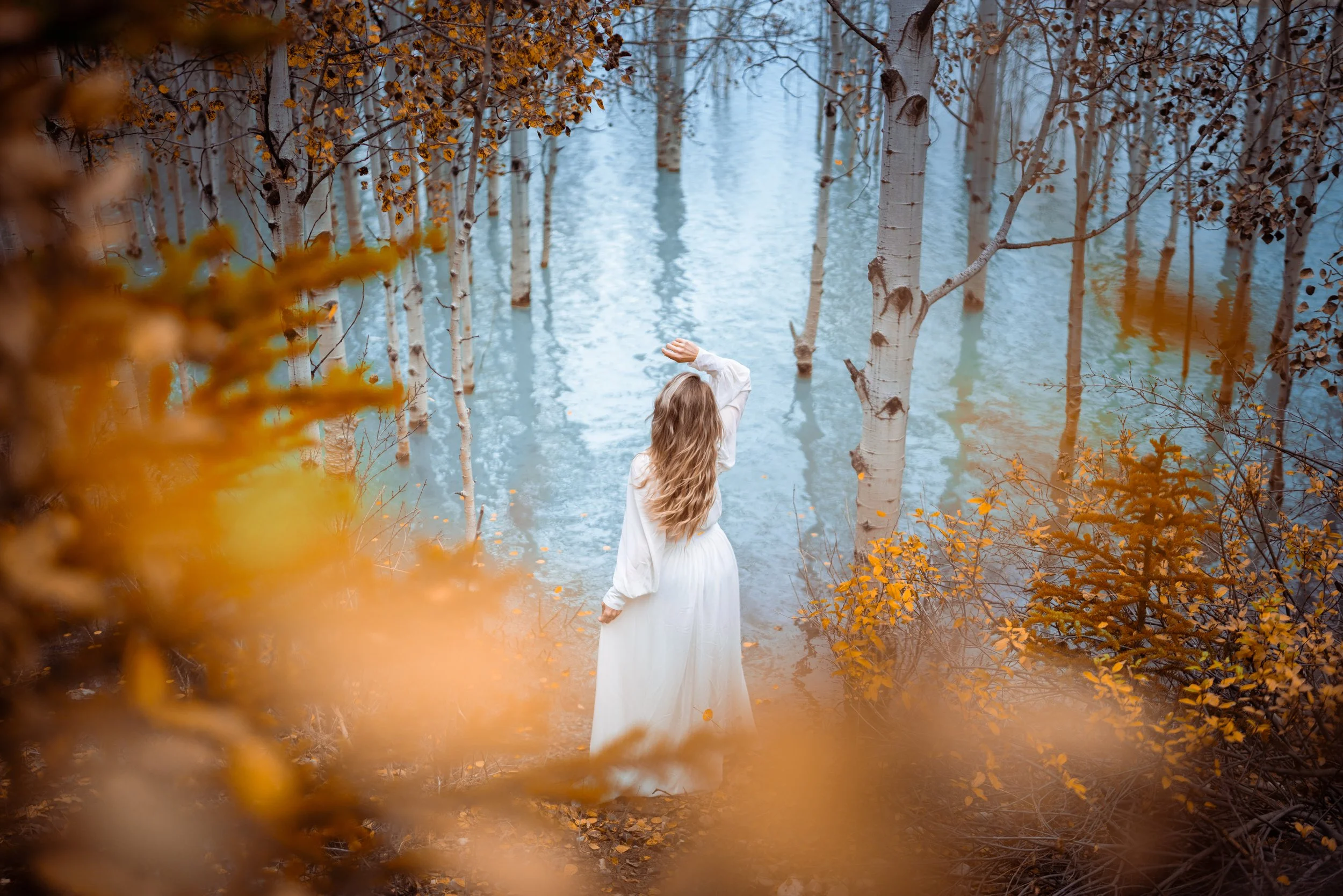 A woman with long blonde hair wearing a white dress stands in a flooded forest with white trees and autumn-colored leaves, facing away from the camera.