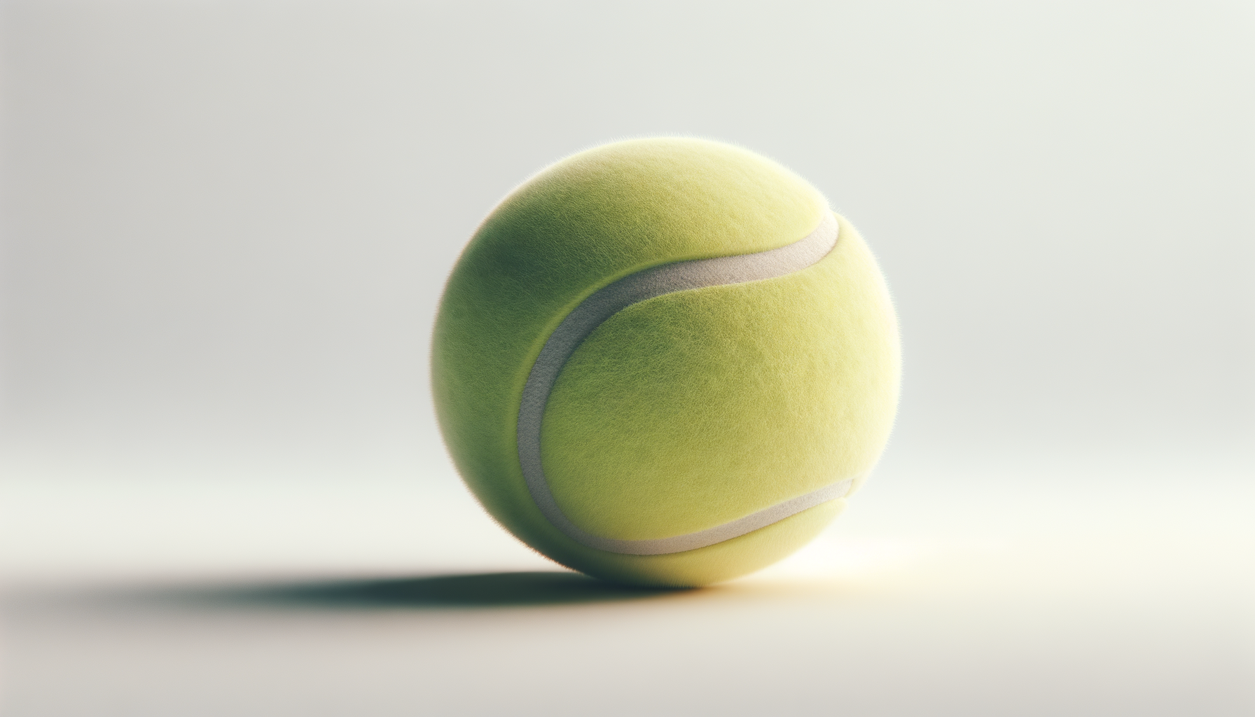 A close-up of a bright yellow tennis ball with white curved lines, sitting on a plain surface with a soft shadow.