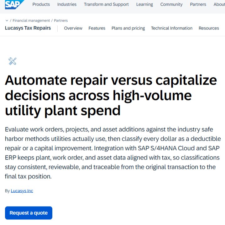 Lucasys Tax Repairs Is Now Live on SAP® Store