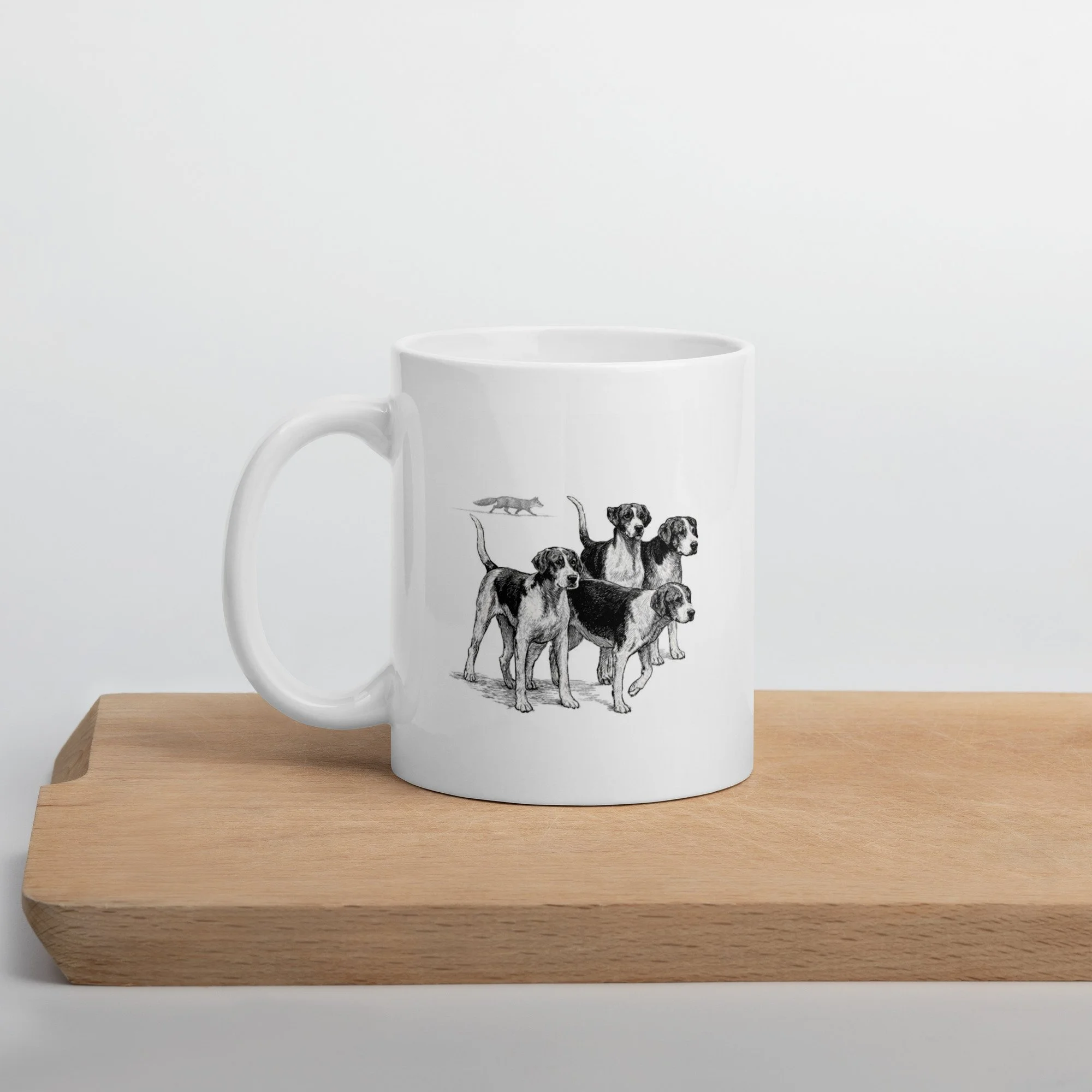 Sneaky Fox and Hounds White Glossy Mug
