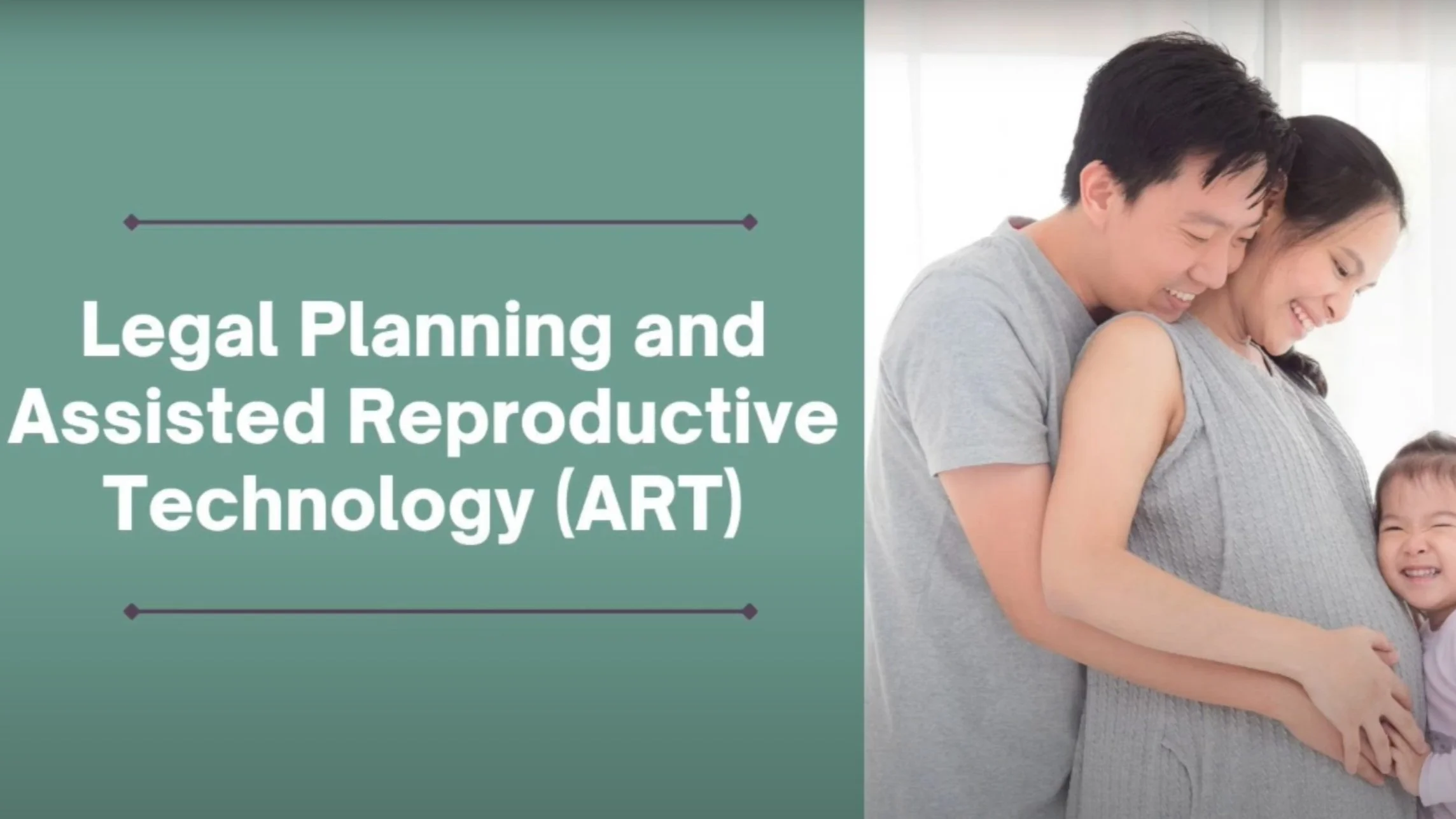 A happy family with a pregnant woman, a man, and a young girl smiling together in a bright, modern home.