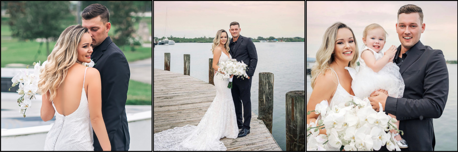 A collage of three wedding photos featuring a bride in a white gown and a groom in a dark suit, with a dock and water in the background in two images and the couple holding a child in the third.