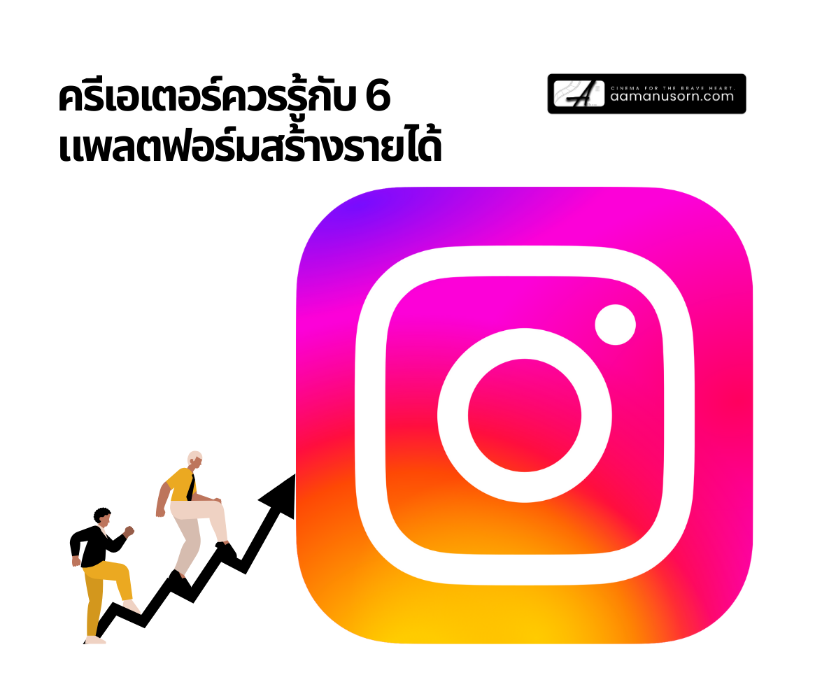 กราฟิกหัวข้อ ‘ครีเอเตอร์ควรรู้กับ 6 แพลตฟอร์มสร้างรายได้’ พร้อมโลโก้ Instagram ขนาดใหญ่ และภาพคนกำลังไต่กราฟลูกศรขึ้น