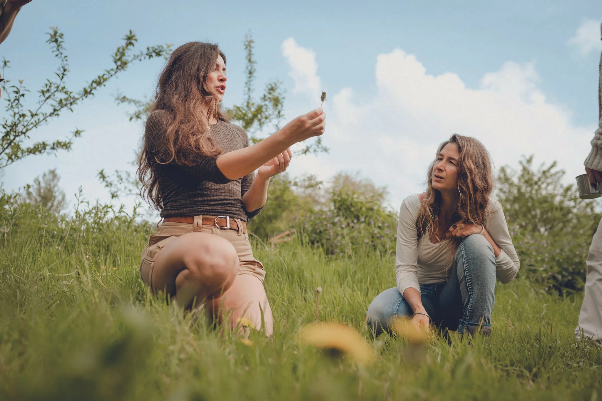 Two women with long, wavy hair sitting on grass outdoors, one holding a dandelion seed head, with trees and clouds in the background.