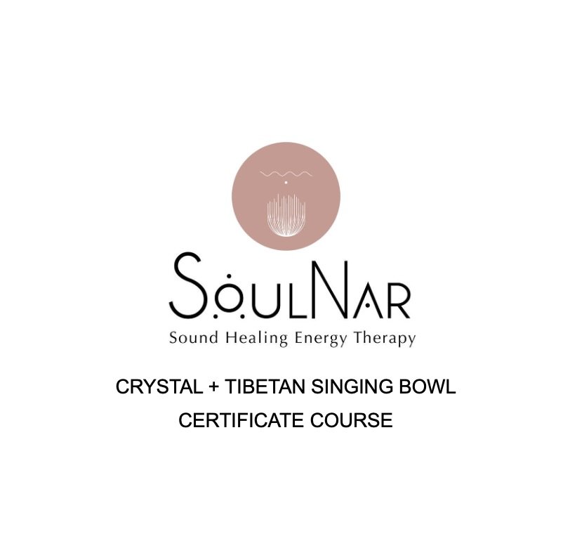 Certificate for a Sound Healing Energy Therapy course titled "Crystal + Tibetan Singing Bowl" with a logo featuring a lotus flower and sound waves.