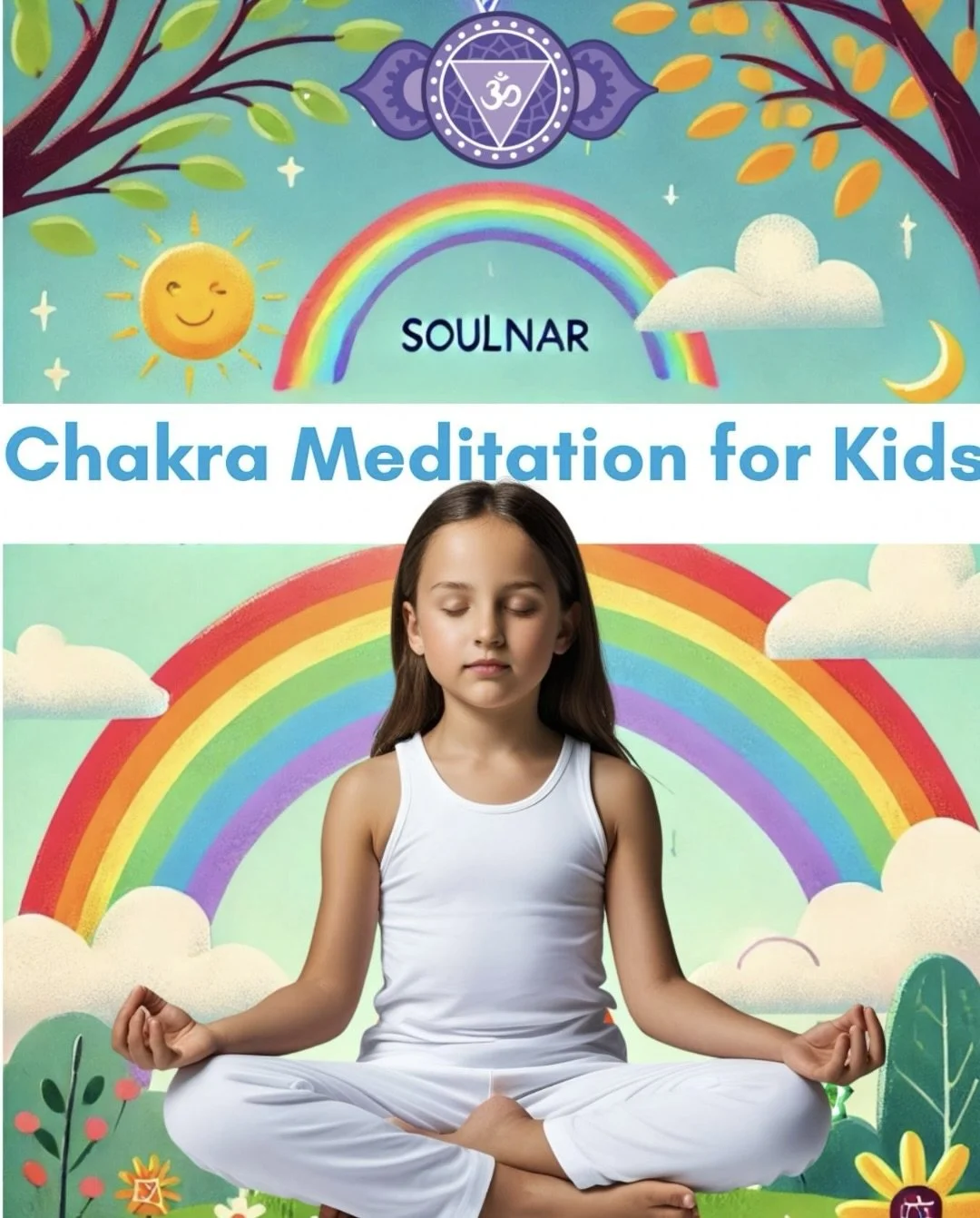 A girl sitting in a meditation pose with eyes closed, surrounded by colorful rainbows, clouds, trees, flowers, the sun, and a moon, promoting chakra meditation for kids.