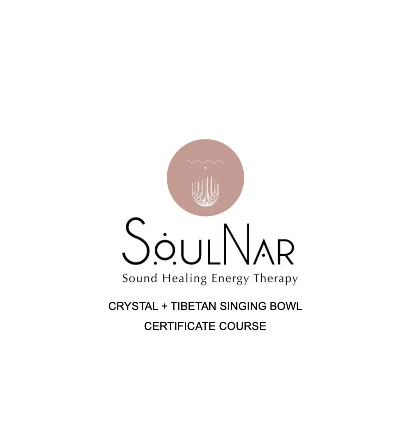 Logo and text for SoulNAR Sound Healing Energy Therapy, promoting a certificate course involving crystal and Tibetan singing bowls.