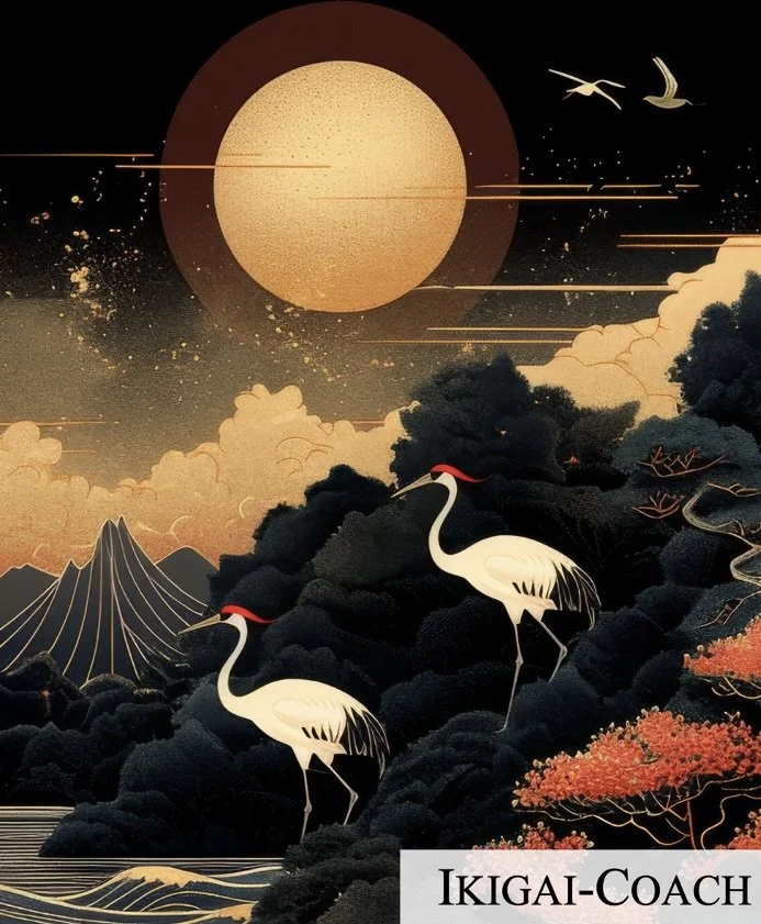 A beautifully illustrated landscape featuring a large gold sun with horizontal streaks, surrounded by a dark sky with flying birds. In the foreground, there are stylized white cranes with red crowns standing among black and dark gray trees, mountain ranges with gold accents, and orange foliage. The image has an Asian-inspired aesthetic with intricate details and a harmonious color palette.