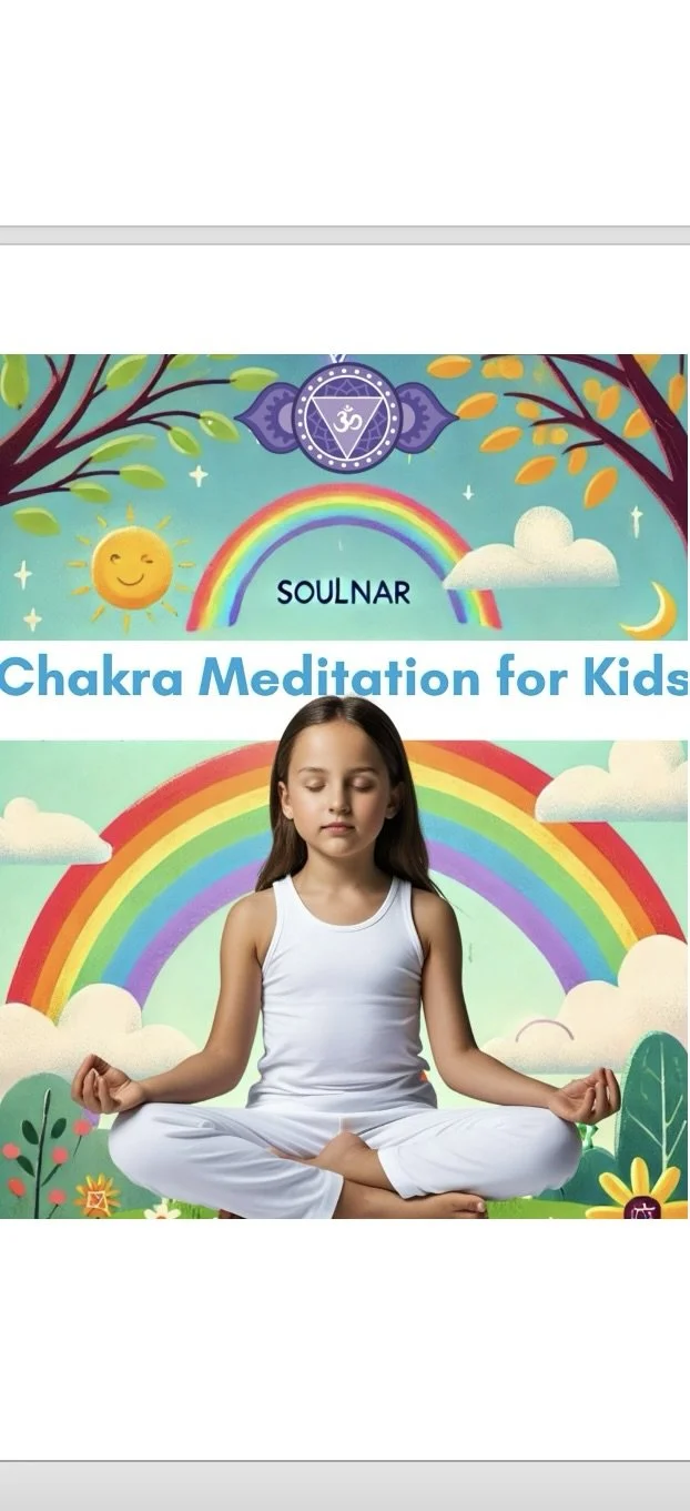 A young girl practicing meditation in front of a colorful backdrop with rainbows and clouds, promoting chakra meditation for kids.