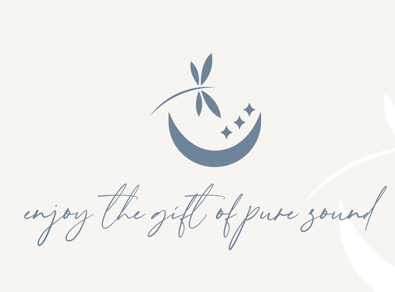 A minimalist logo featuring a crescent moon with three sparkles above, a small branch with leaves, and the text "enjoy the gift of pure sound" written in cursive.