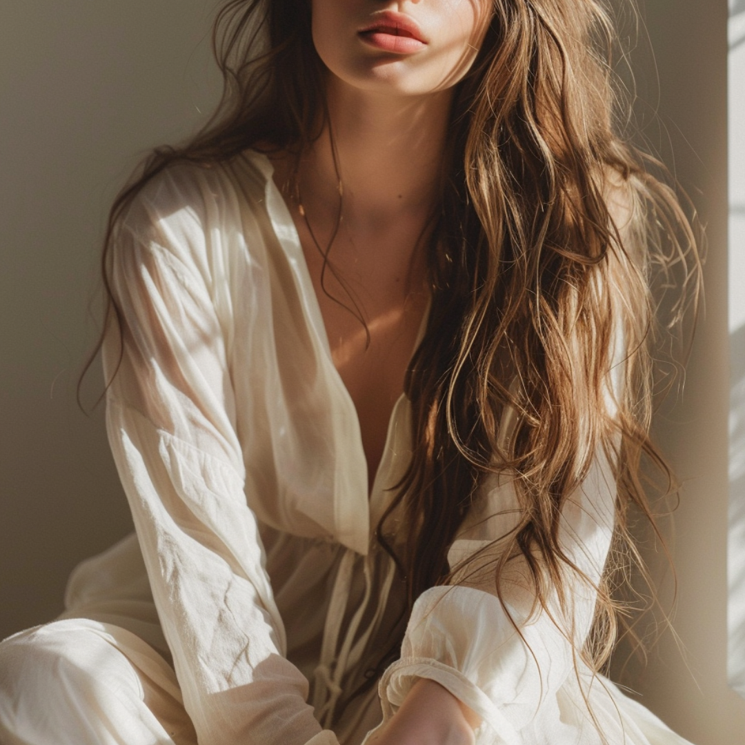 Close-up of a woman with long, wavy red hair wearing a cream-colored silk robe, sitting by a window with sunlight.
