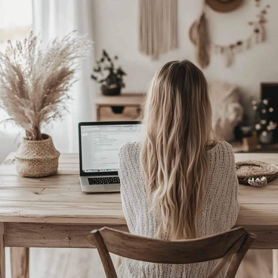 A woman with long blonde hair sitting at a wooden table using a laptop, with decorative dried plants in a woven basket and other home decor items in a cozy, boho-style home.