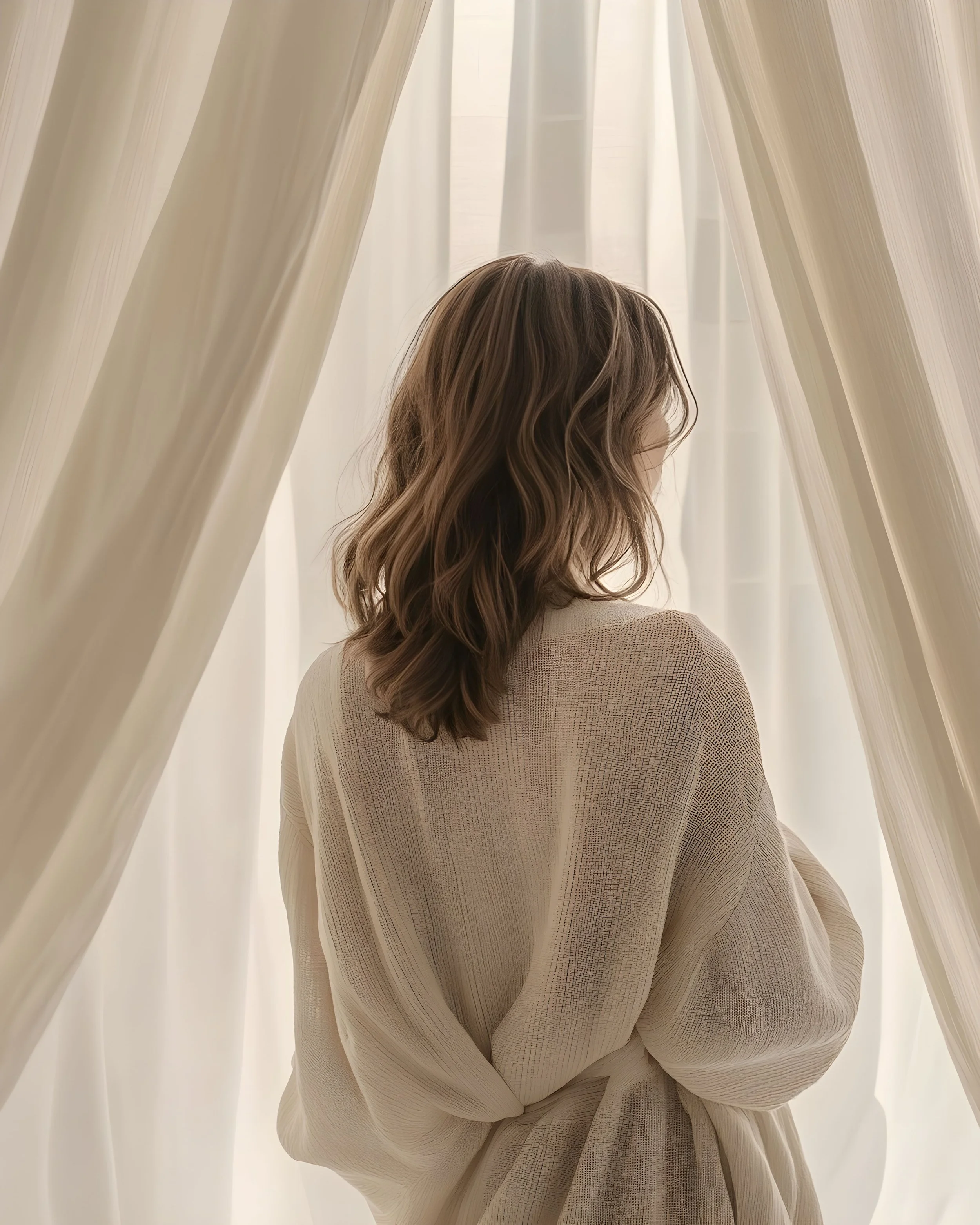 A woman with brown wavy hair standing in front of sheer white curtains, facing away from the camera.
