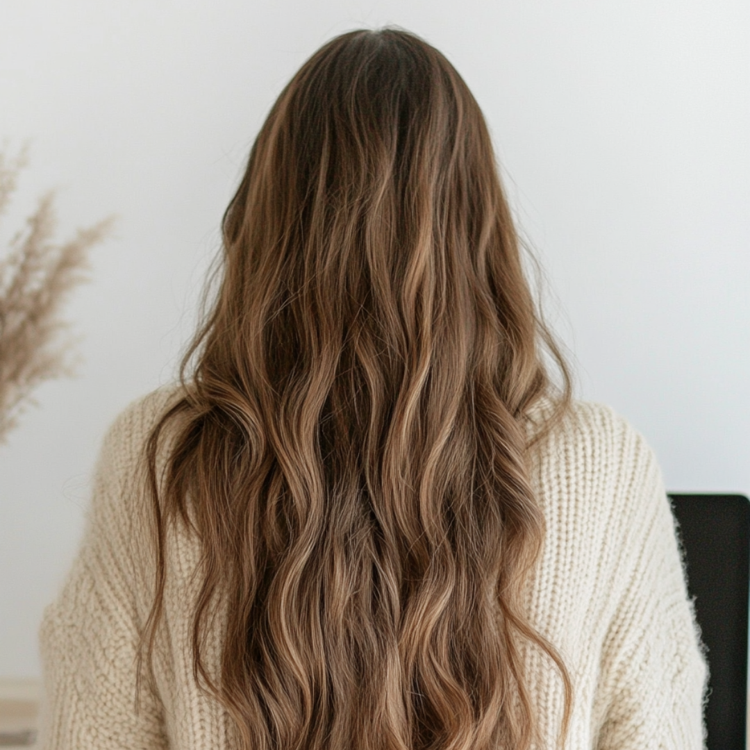 Back view of a woman with long, wavy, light brown hair wearing a cream knit sweater.
