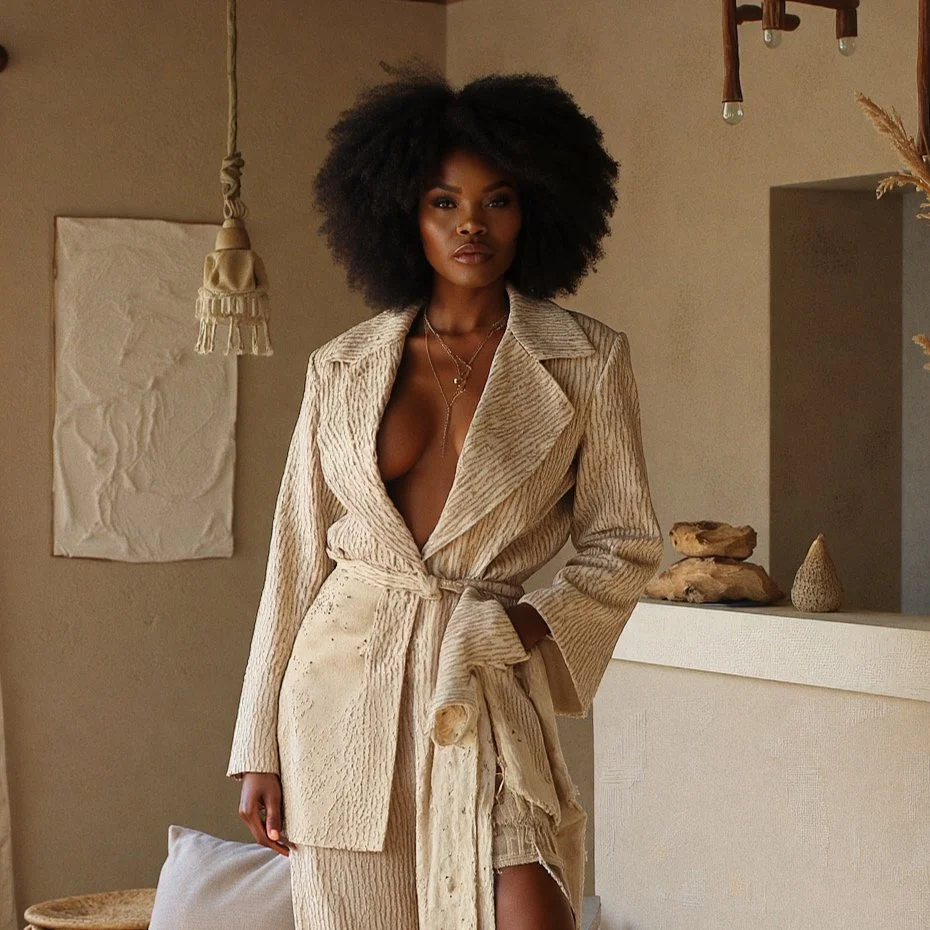 A woman with natural afro hair wearing a beige textured blazer with a belt, standing indoors in front of a neutral-colored wall with minimal decor.
