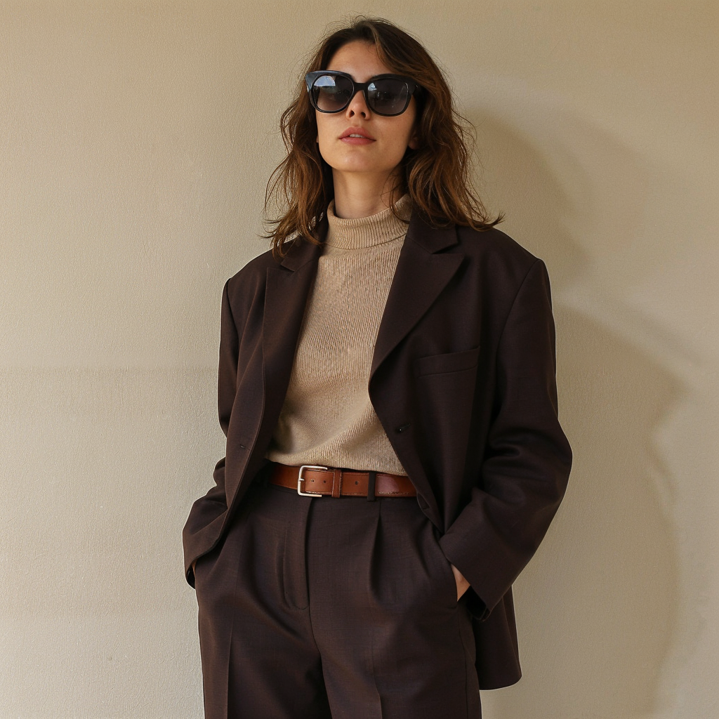 Woman with wavy brown hair wearing black sunglasses, a beige turtleneck sweater, a dark brown blazer, matching pants, and a brown belt, standing against a neutral-colored wall.