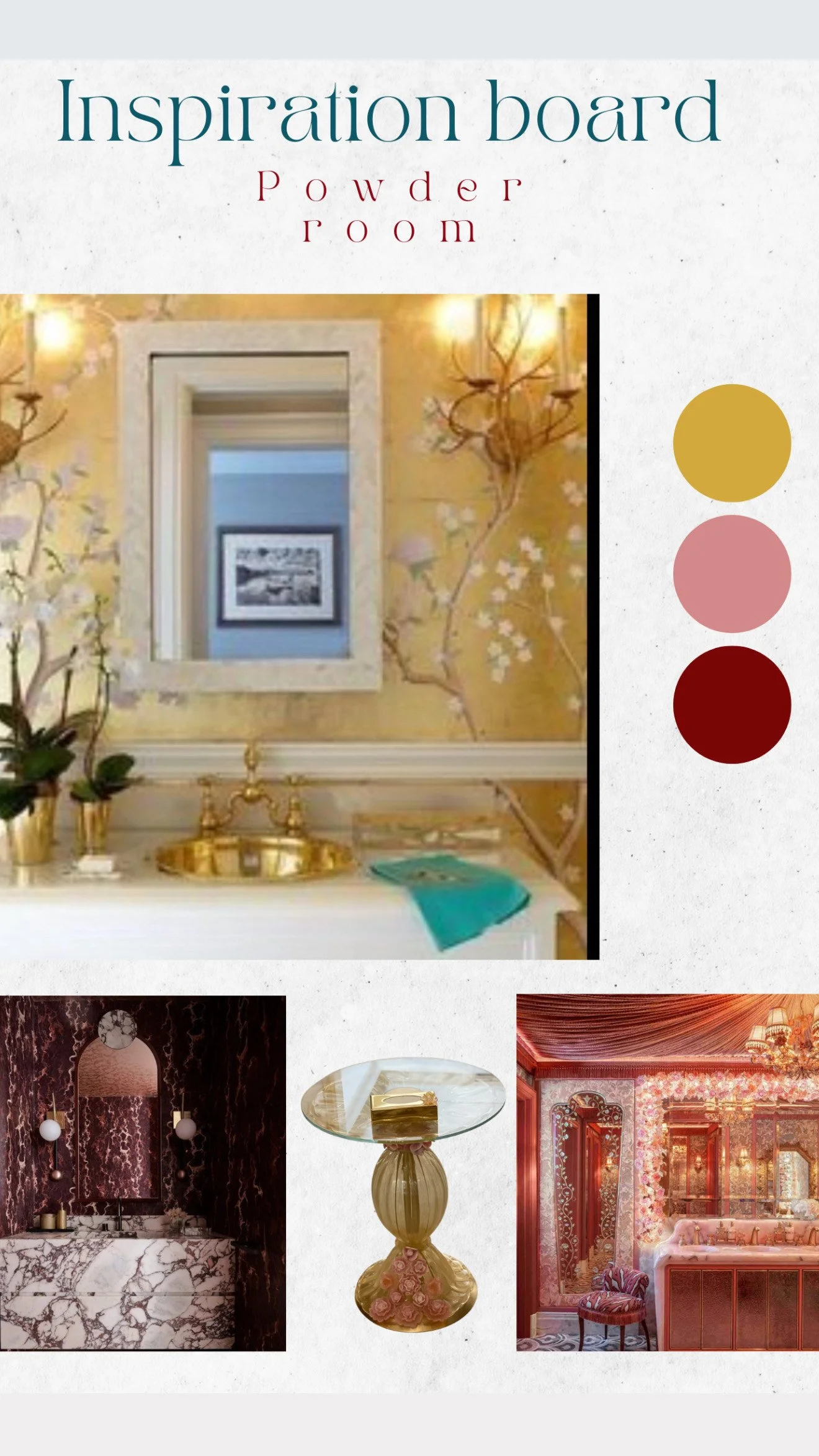 This project  is my 1st and it involves creating an elegant luxury powder room in a small asymmetrical space, my inspiration were the Murano glass  creations and the chinoiserie murals, they come from different culture but i was glass to be able to u