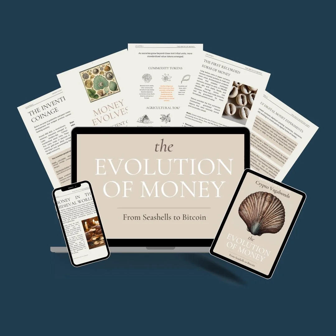 Image of a digital book titled 'The Evolution of Money: From Seashells to Bitcoin' on a laptop screen, with a smartphone and a tablet displaying related content, and various printed pages about the history of money and cryptocurrencies spread around.