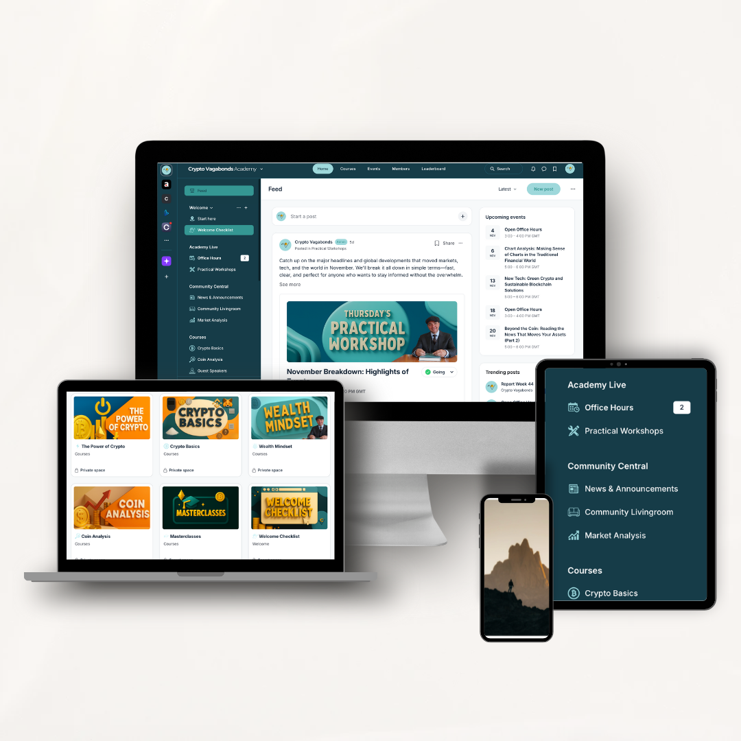 Multiple electronic devices displaying an online cryptocurrency education platform, including a desktop computer, a laptop, a tablet, and a smartphone, with various courses and community features visible.