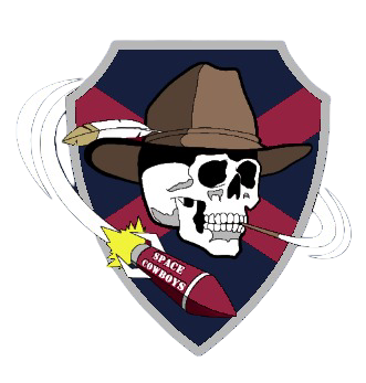 A skull wearing a cowboy hat with a rocket labeled 'Space Cowboys' and a shield-shaped emblem in the background.