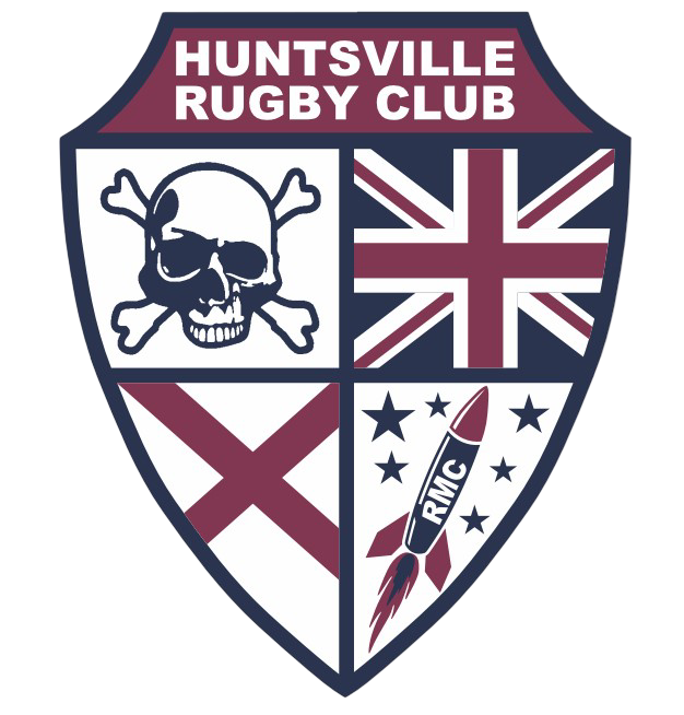 Huntsville Rugby Club logo with a skull and crossbones, the UK flag, a rocket with 'RMC' on it, and the Alabama state flag.
