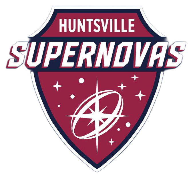 Huntsville Supernovas sports team logo featuring a shield with a navy, maroon, and white color scheme, stars, and a planet with orbiting rings.