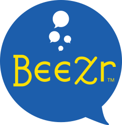Logo of BeE 2r with text 'Bee' stylized to resemble a bee, inside a blue speech bubble with three white speech bubbles above.