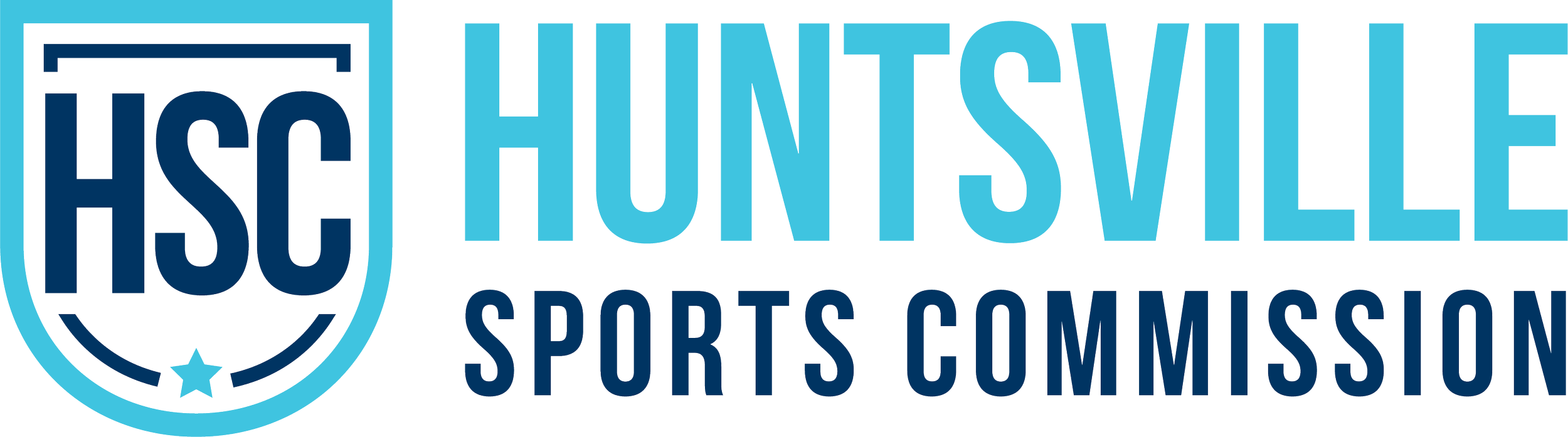 Logo of the Huntsville Sports Commission featuring a shield with the initials 'HSC' and a star at the bottom, with the words 'Huntsville Sports Commission' written beside it in blue and black text.