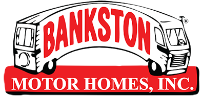 Logo of Bankston Motor Homes Inc. featuring a black and white bus with red text.