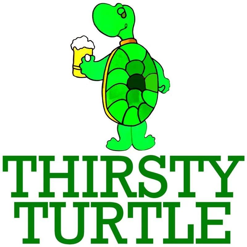 A cartoon turtle holding a mug of beer with foam, with the text 'Thirsty Turtle' beneath it.