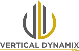 Logo of Vertical Dynamix Inc. featuring stylized black and gold text and a graphic symbol.