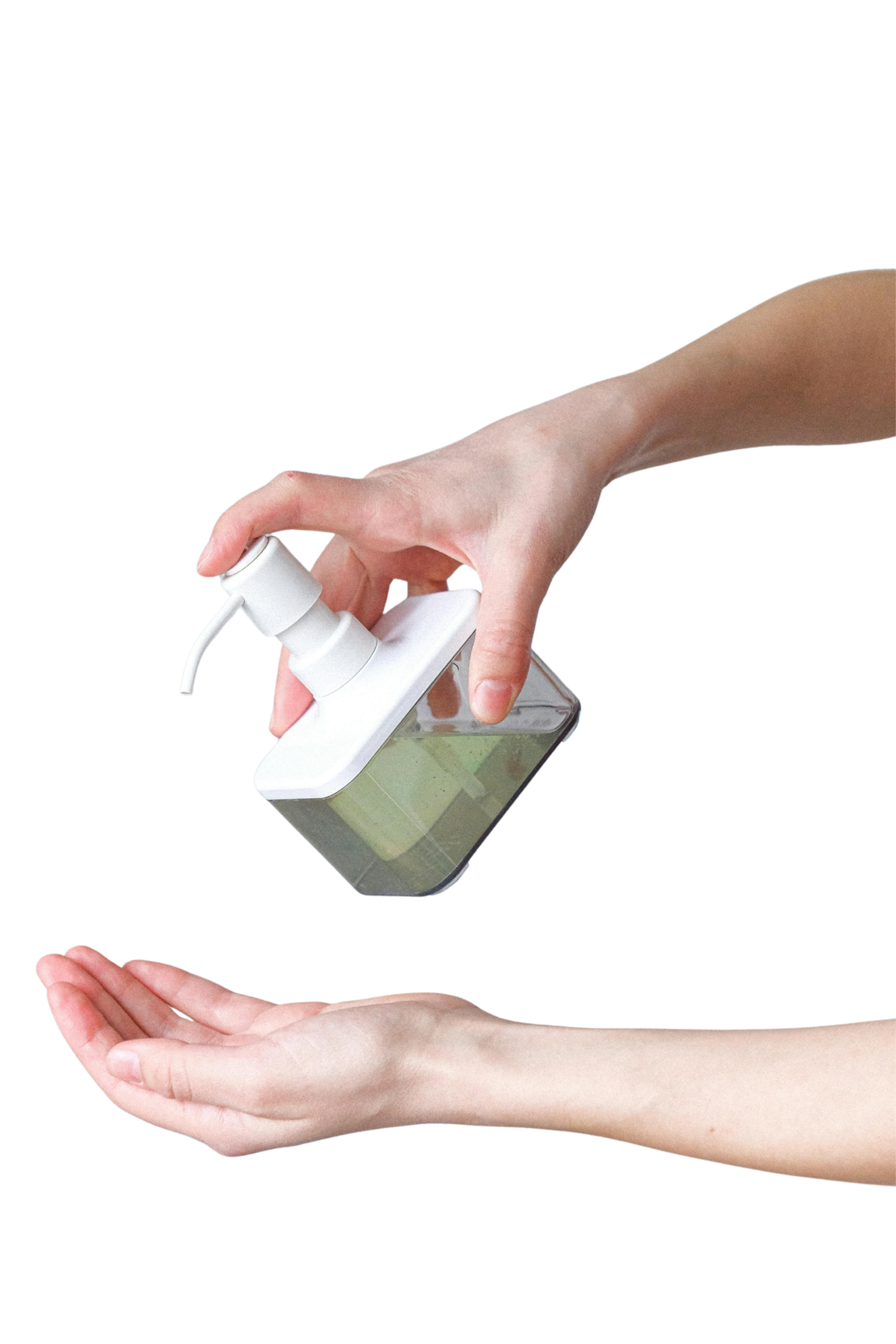 A person pressing a pump dispenser of hand sanitizer over an open palm.
