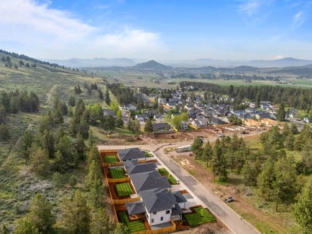 Aerial view of a neighborhood with new houses, some with green roofs, among trees and open land, with more houses and mountains in the background.