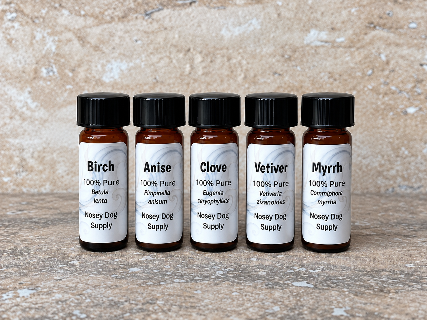 UKC Nosework essential oils Birch, Anise, Clove, Vetiver and Myrrh in amber glass bottles
