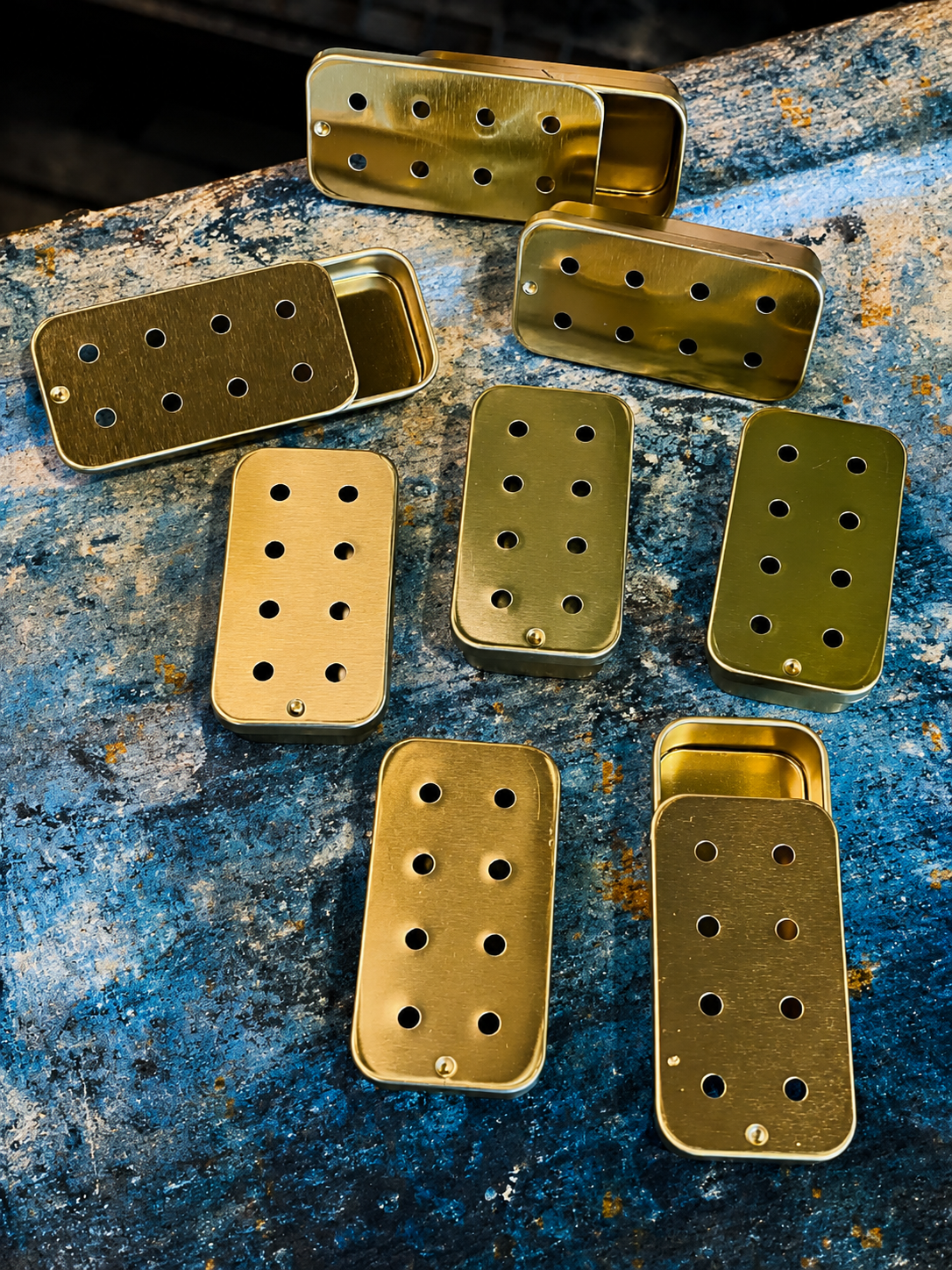 Bundle of 8 Gold Eight-Hole Slider Tins with High Odor Availability for Detection Dog Training